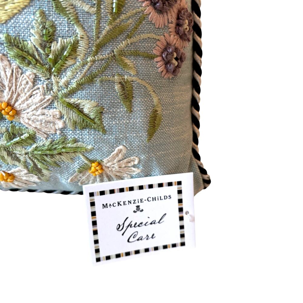 NEW Mackenzie-Childs Floral & Bee Throw Pillow 18x18 Embroidered Spring Decor - Picture 6 of 13